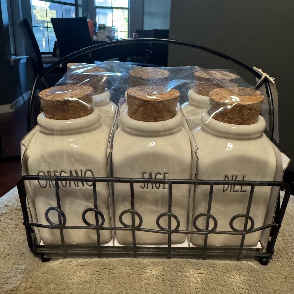 Rae Dunn White Spice Jars with Black Wire Rack